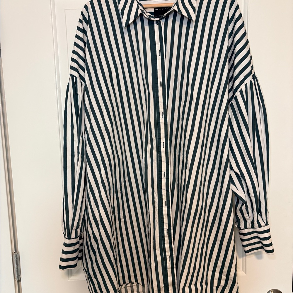 ASOS DESIGN Curve boyfriend shirt mini dress with blouson sleeve in green stripe